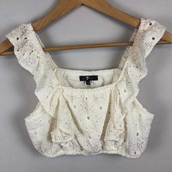 7 For All Mankind Eyelet Lace Embroidered Crop Top White Tank Top Size XS EUC - Picture 1 of 16